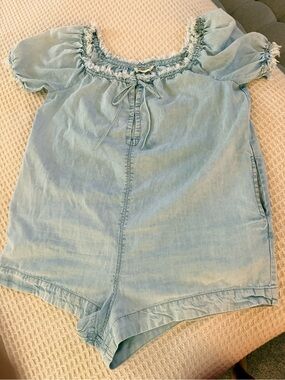 Free People Light Wash Denim Romper with Smocked Neckline